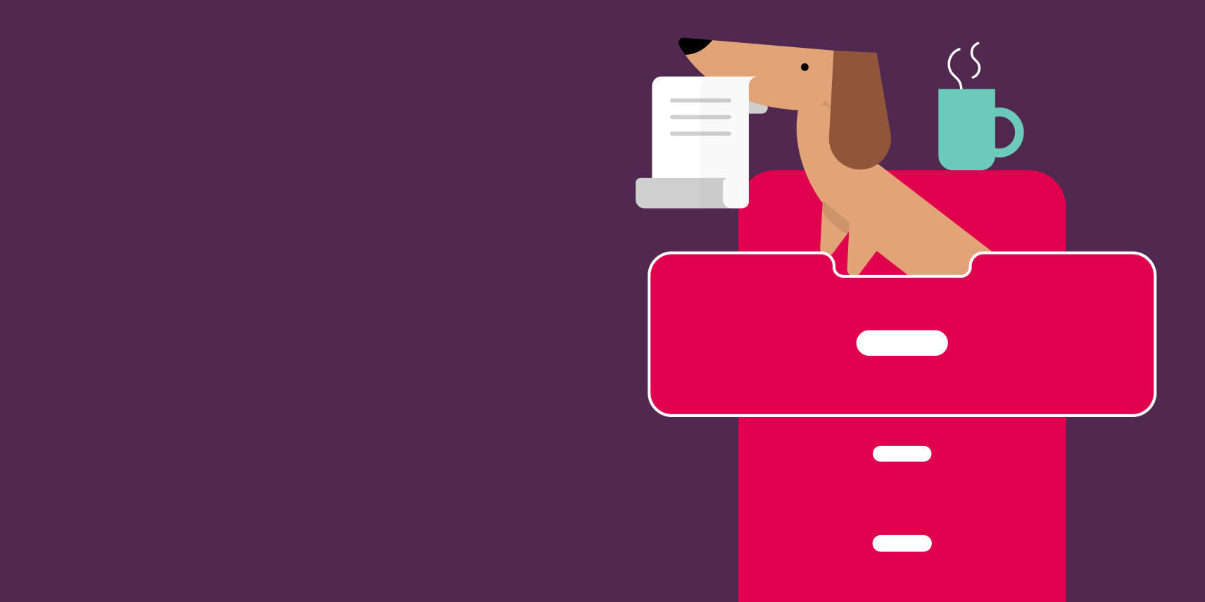 An illustration of a dog sitting on a filing cabinet, next to a pot plant.