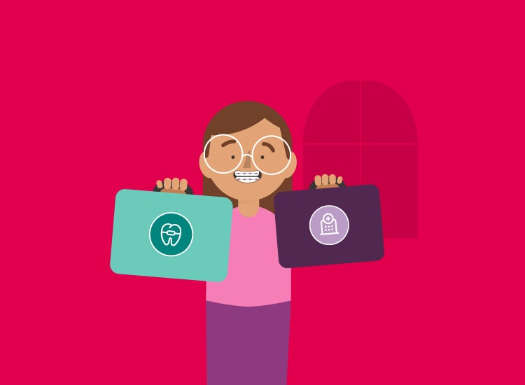 An illustration of a girl holding two cases with medical and dental cover icons.