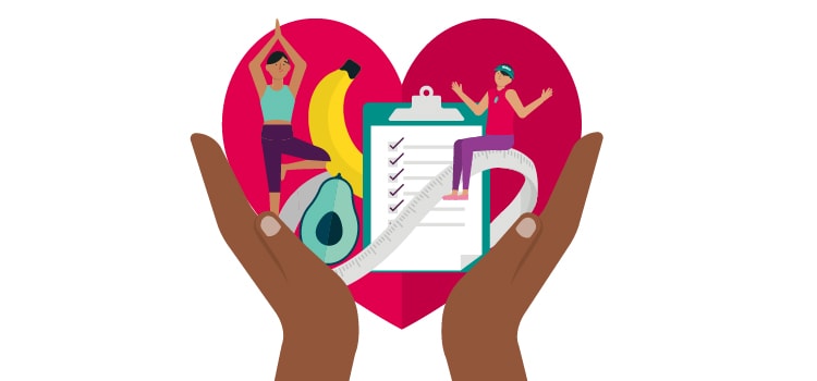 An illustration of hands holding a heart with a checklist, measuring tape and fruit inside.