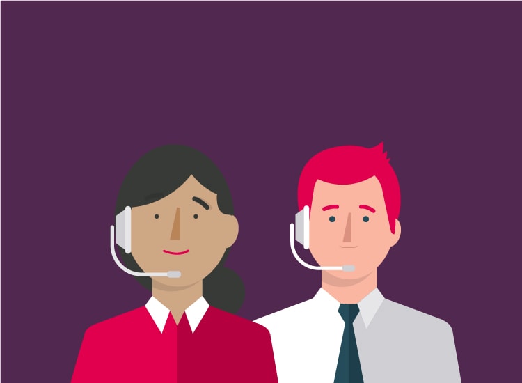 An illustration of a man and a woman standing next to each other wearing headsets.