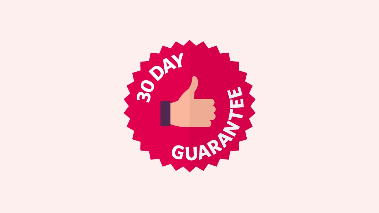 A 30-day guarantee stamp with a hand showing thumbs-up