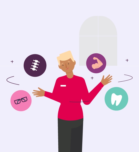 A illustration of a woman with healthcare spinning icons around her, each one representing a health insurance extra.