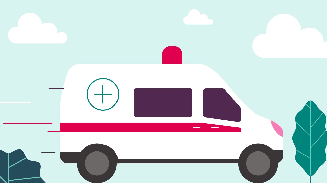 An illustration of an ambulance driving to the right with the sky in the background.