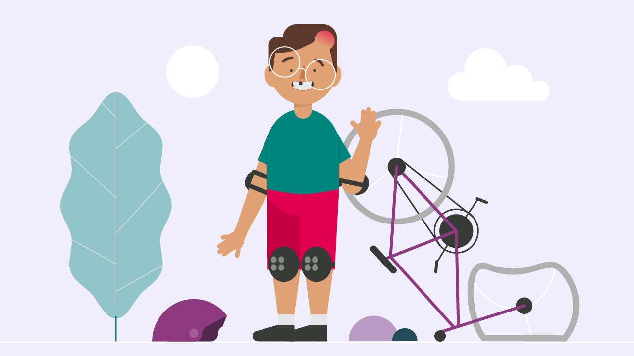 Illustration of a boy with a bump on his head next to a broken bicycle.