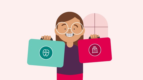 A illustration of a girl holding two cases with a medical cover and a dental cover icon.