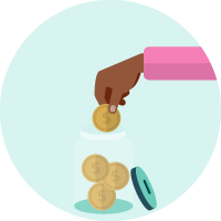 Hand placing coins into a money jar.
