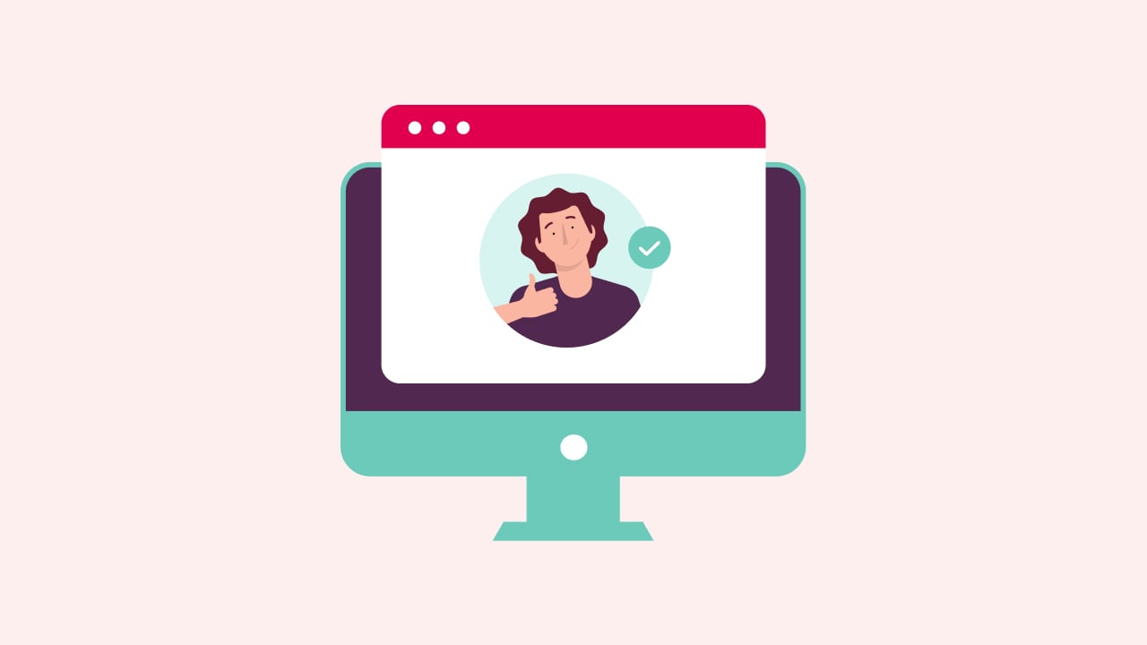 An illustration of a compurer screen with an eligibility checklist on a ruby background.