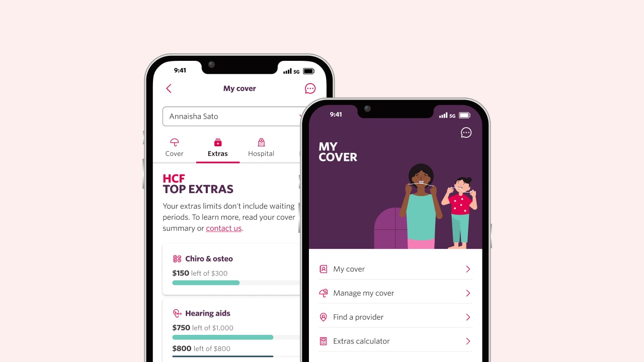 Illustration of two phones with the My Membership app's my cover section shown on screen.
