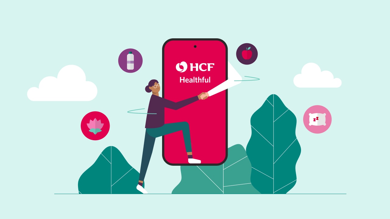 An illustration of a person standing next to a giant phone with the HCF healthful app display on it.