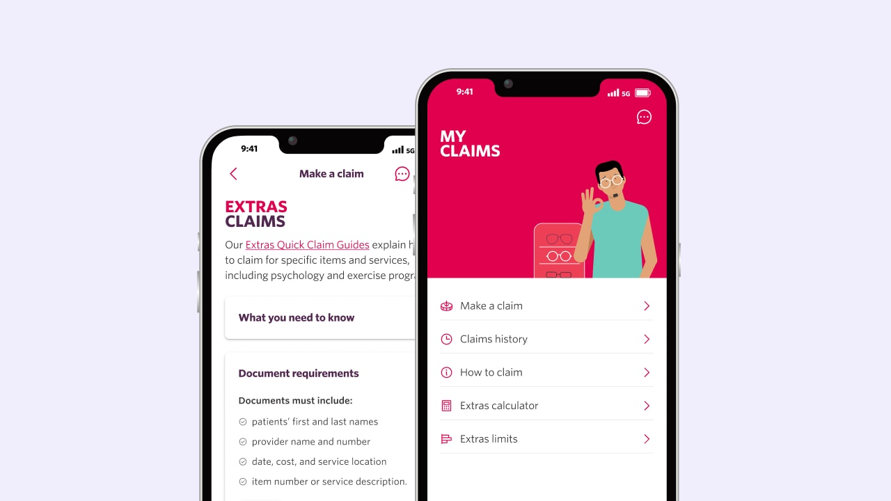 Illustration of two phones with the My Membership app's my claims section shown on screen.