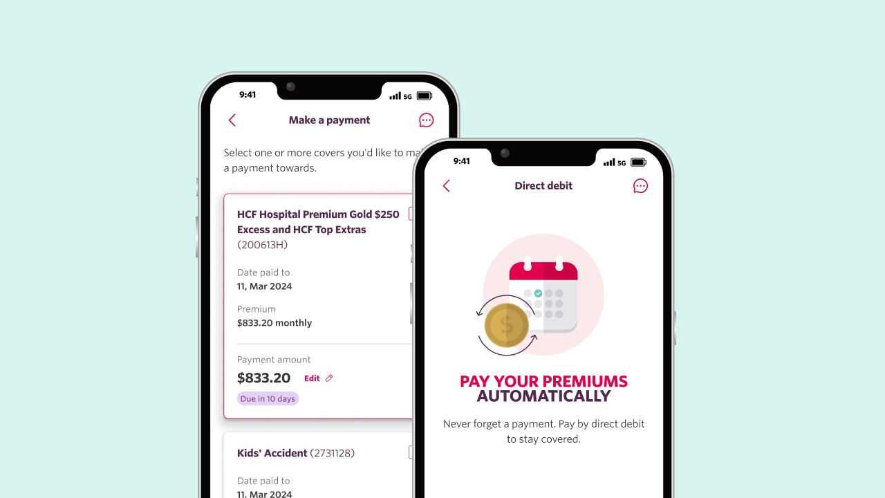 Illustration of two phones with the My Membership app's make a payment section shown on screen.