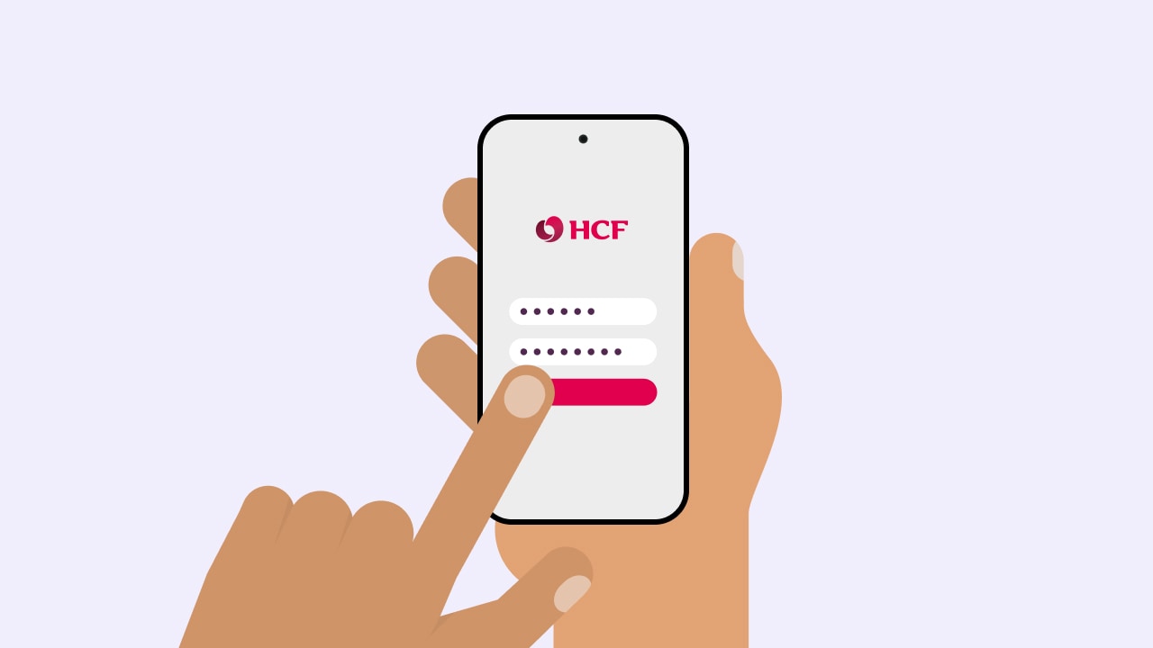 Illustration of a hand holding a smartphone while logging into their HCF account on the My Membership app.