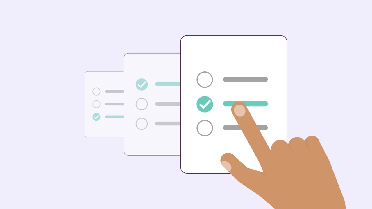 An illustration of a digital assessment checklist on a purple background.