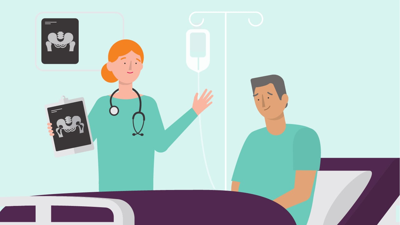 An illustration of a doctor holding x-rays, talking to a patient in a hospital bed.
