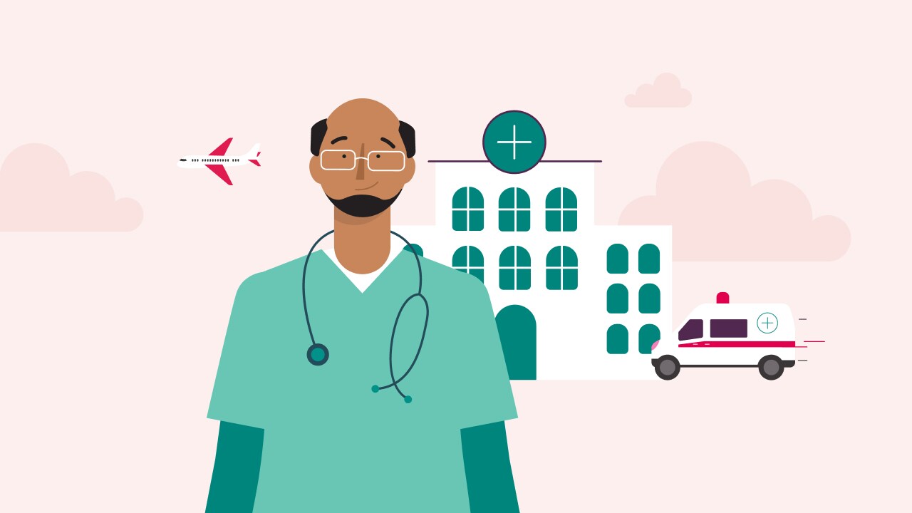 An illustration of a doctor standing in front of a hospital and ambulance.