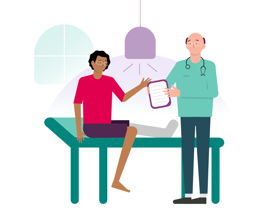 Illustration of person doctors bed with leg in a cast and being attended to by a doctor.