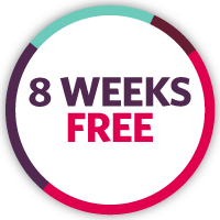 An HCF branded roundel promoting 8 weeks free offer.