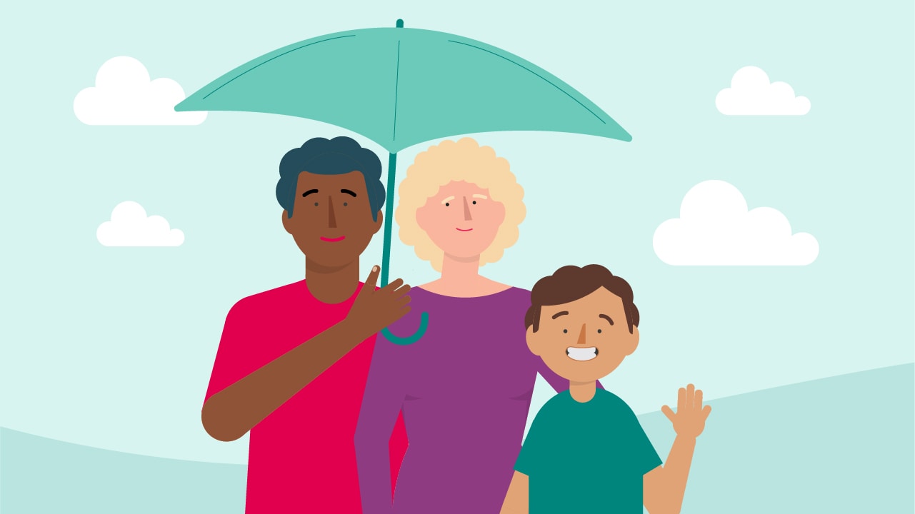 An illustration of a family under an umbrella.