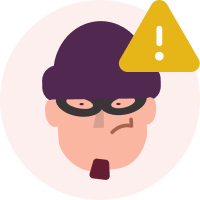 An illustration of a fraudster with an alert banner on a dark ruby background.