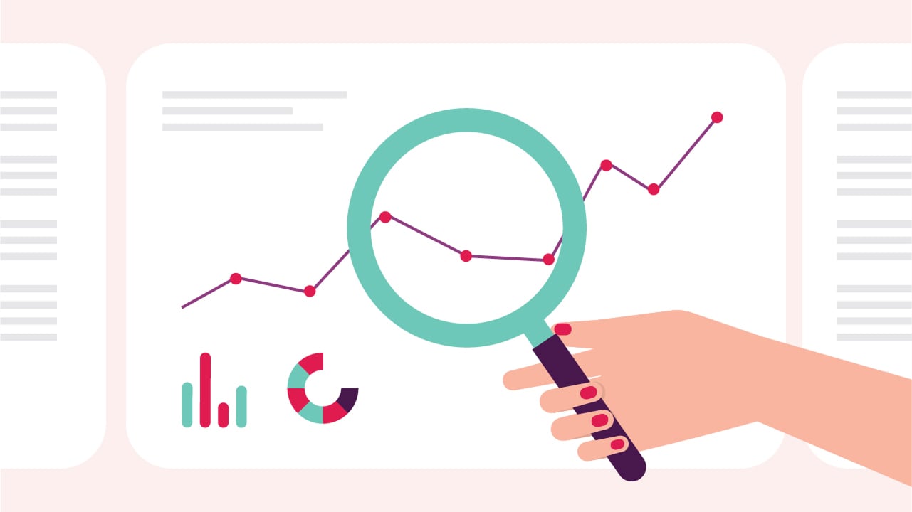 An illustration of a hand holding a magnifying glass analysing a graph