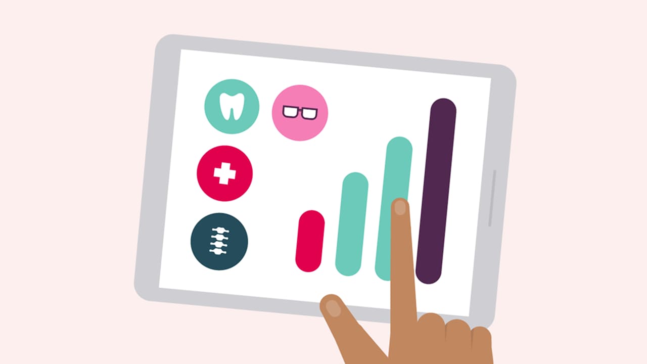Illustration of a bar graph with health icons and a hand pointing.