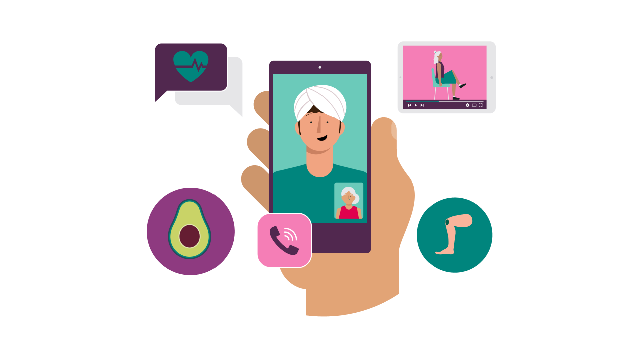 An illustration of a hand holding a smartphone on a video call with icons around it.
