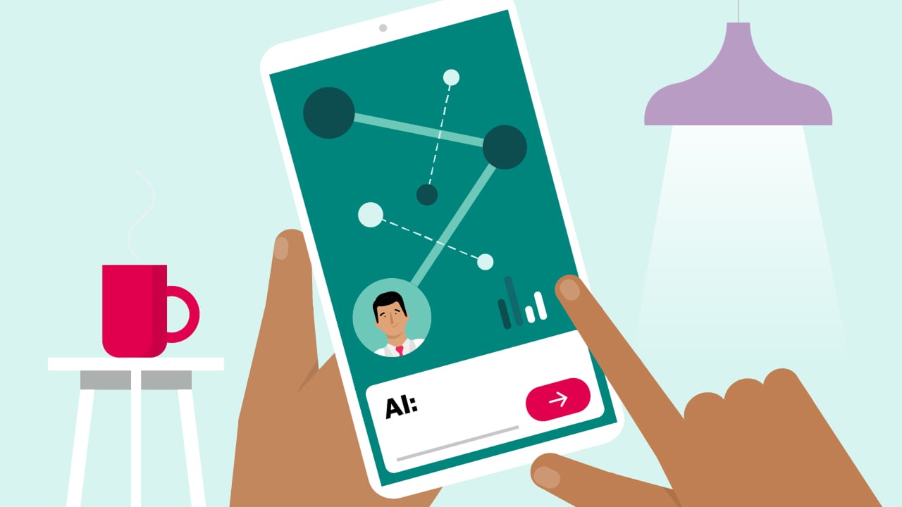 An illustration of hands holding a phone using an AI app.