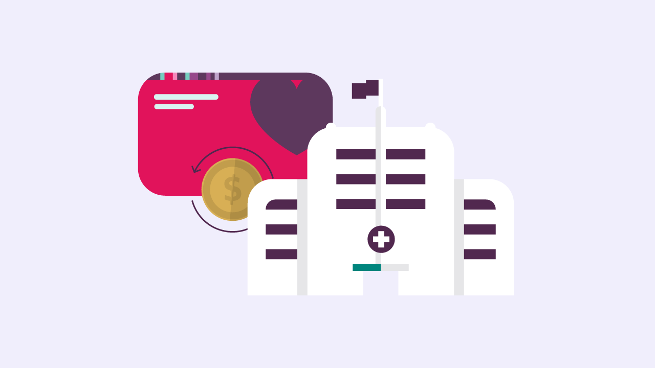 An illustration of a card with a coin next to a hospital building.