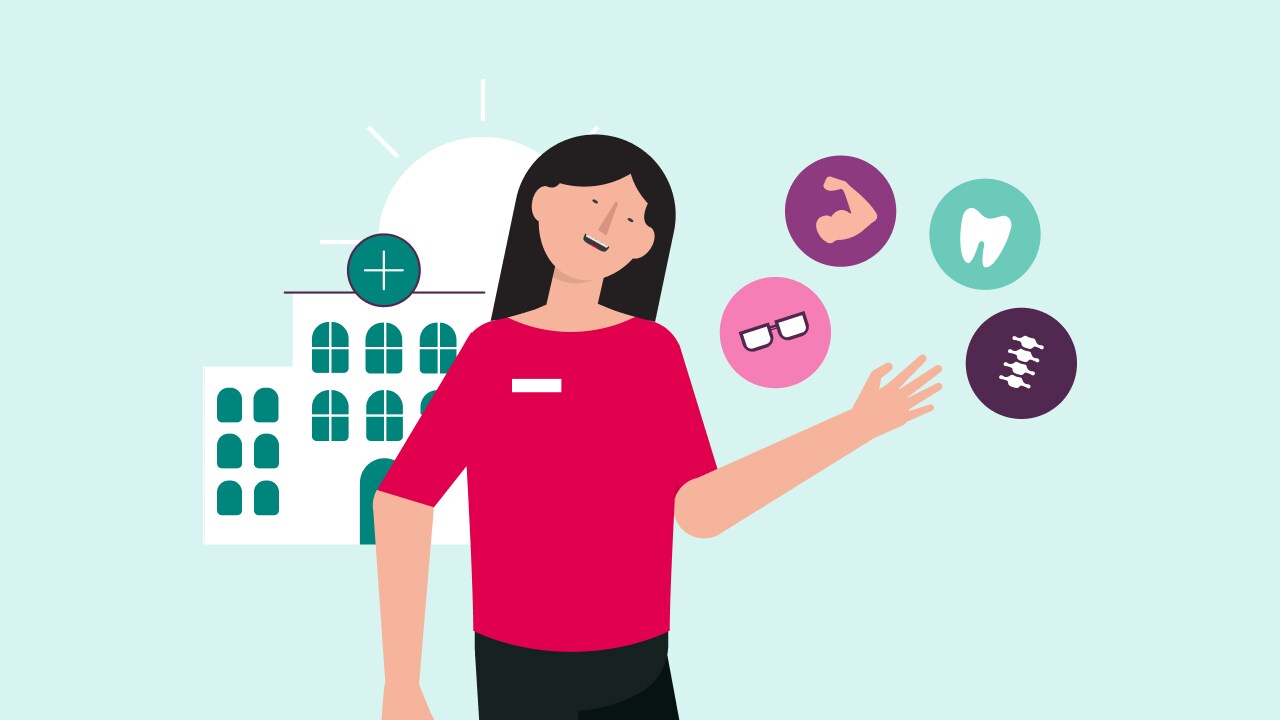 An illustration of an HCF employee standing in front of a hospital juggling extras services options.