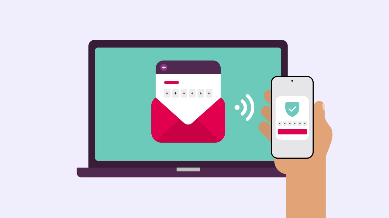 An illustration of a laptop signalling to a mobile device on a tinted purple background.