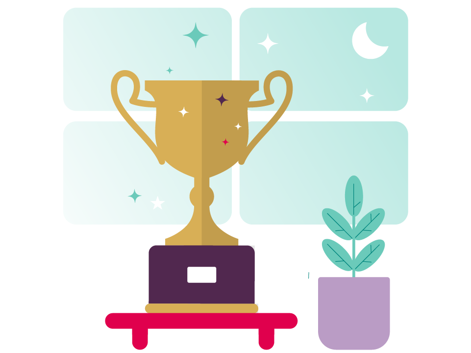 Illustration of a large trophy on a stand next to a plant.