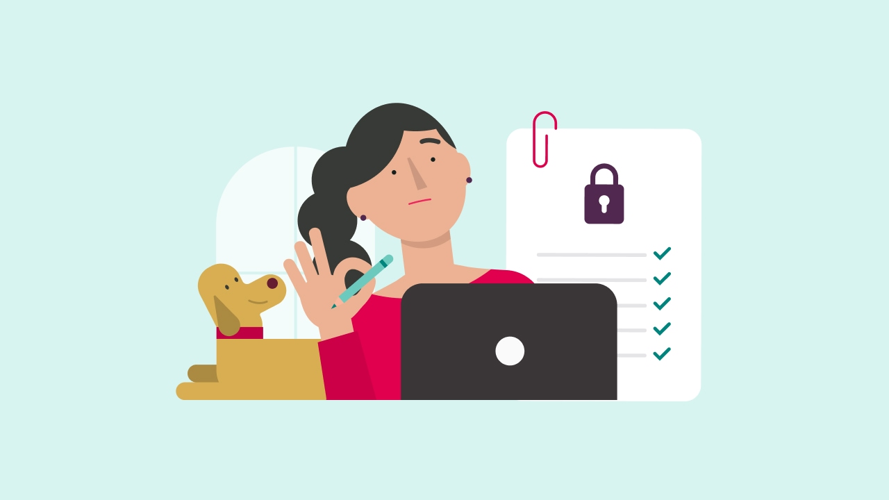 An illustration of a woman with her dog learning how to practice good digital haits on a tinted teal background.