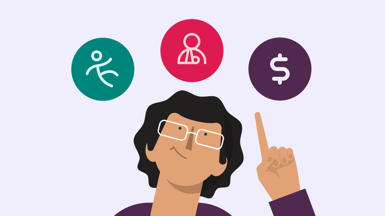 An illustration of a man pointing to a range of HCF life products over his head.
