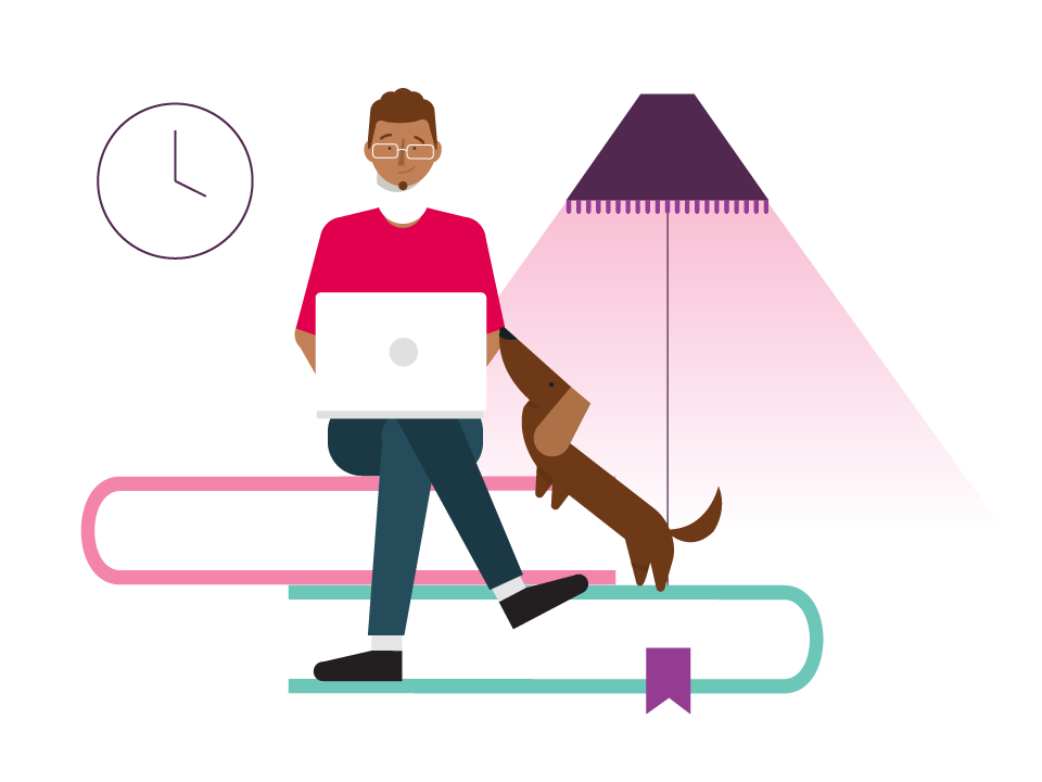 An illustration of a man sitting upon two large books while looking at his laptop with his dog next to him.