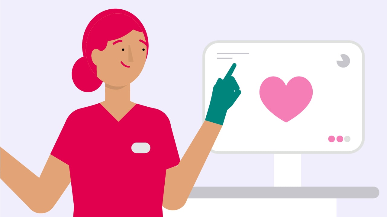 An illustration of a nurse pointing to a heart diagram.