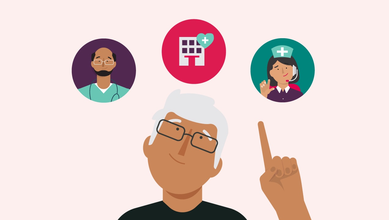 An illustration of a person looking up and pointing to three images above of a doctor, hospital and nurse.