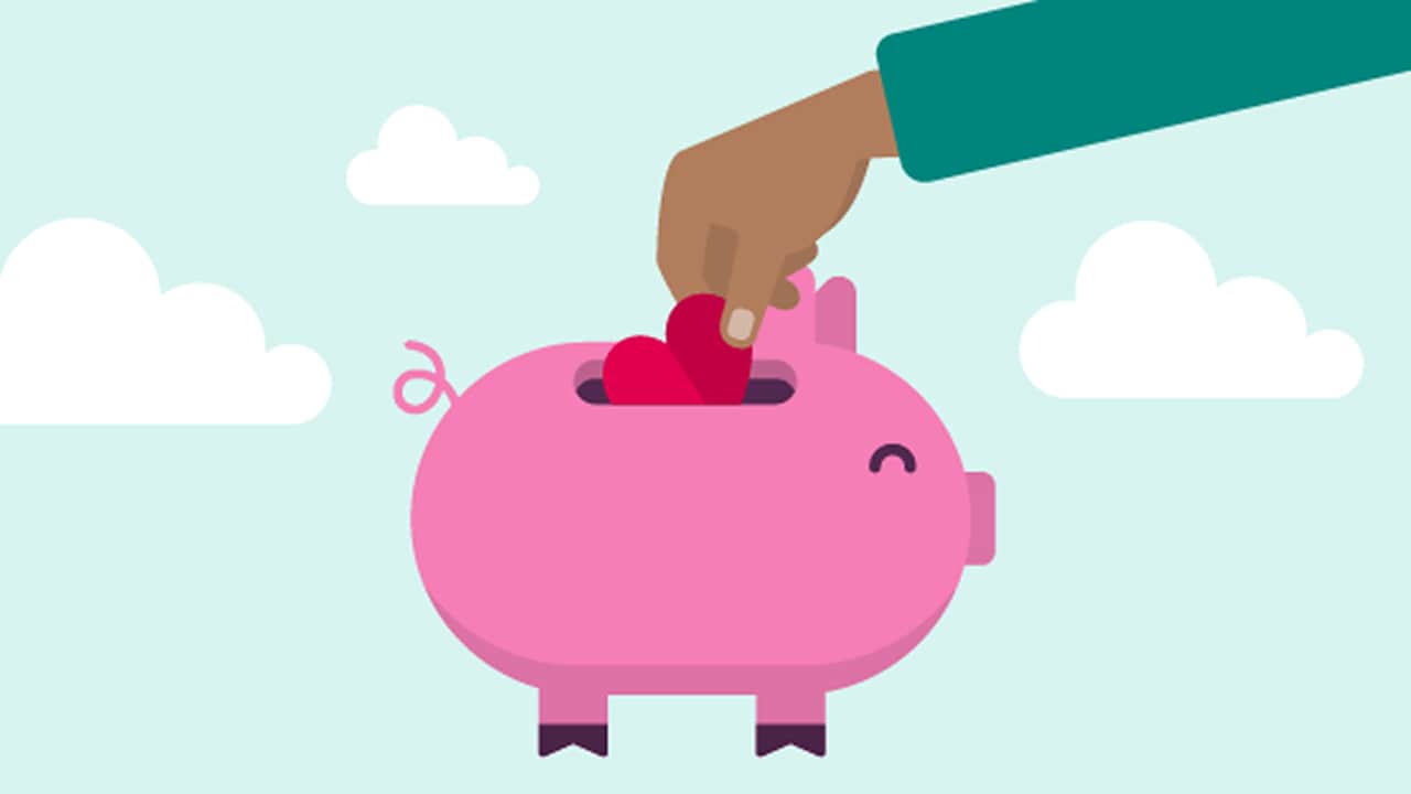 An illustration of a person putting a heart coin into a piggybank.