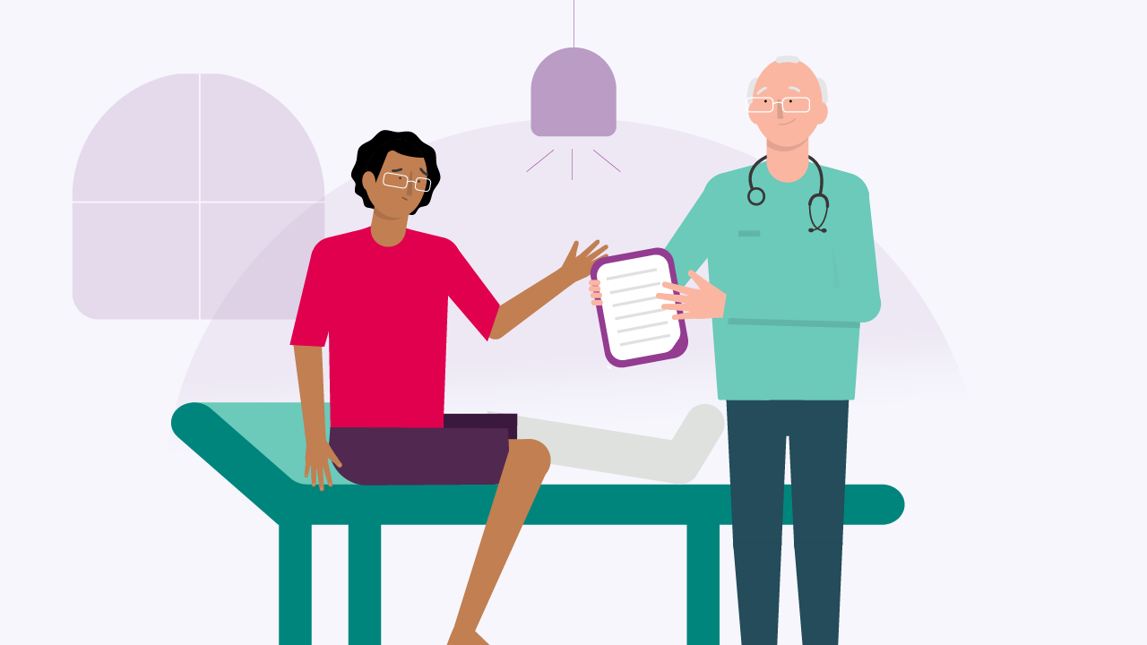 Illustration of person doctors bed with leg in a cast and being attended to by a doctor.