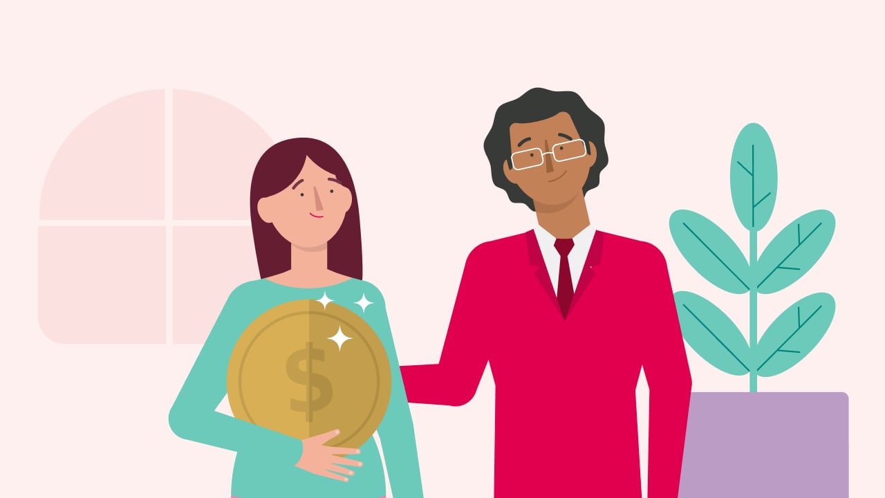 An illustration of an HCF staff member giving money back to a member.