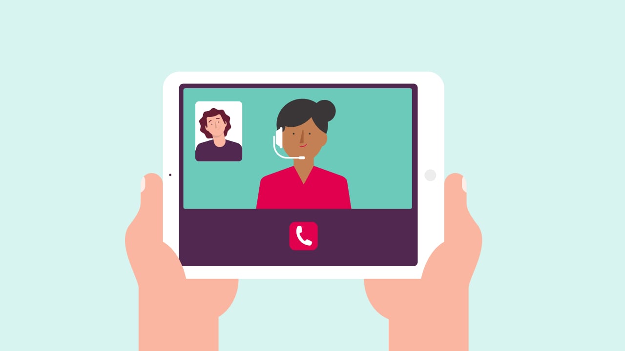 An illustration of a table with two people doing a telelhealth call on a teal background.
