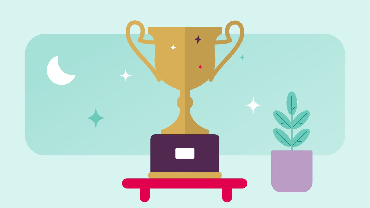 Illustration of a large trophy on a stand next to a plant.