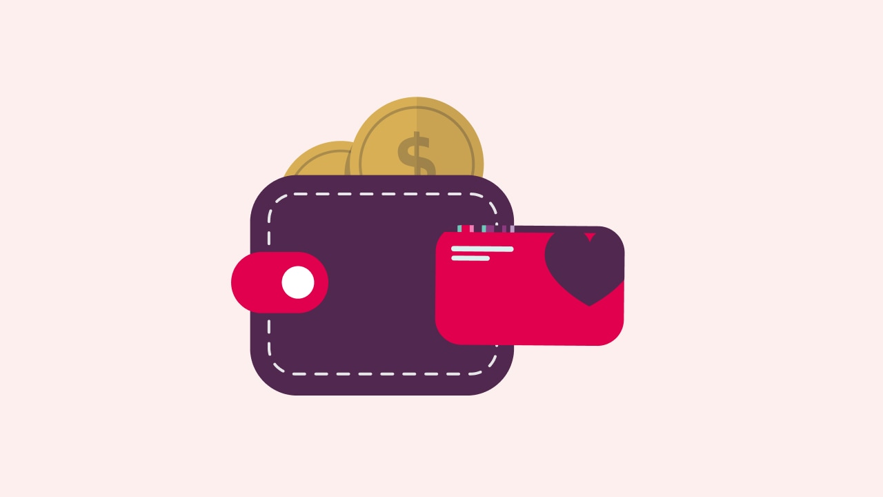 An illustration of a wallet with coins and HCF membership card on a ruby background.