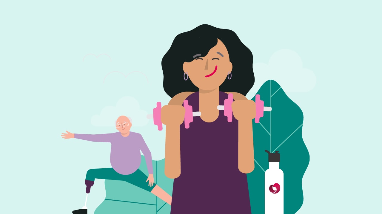 Illustration of a woman lifting dumbbells and a man with a prosthetic limb stretching beside her.