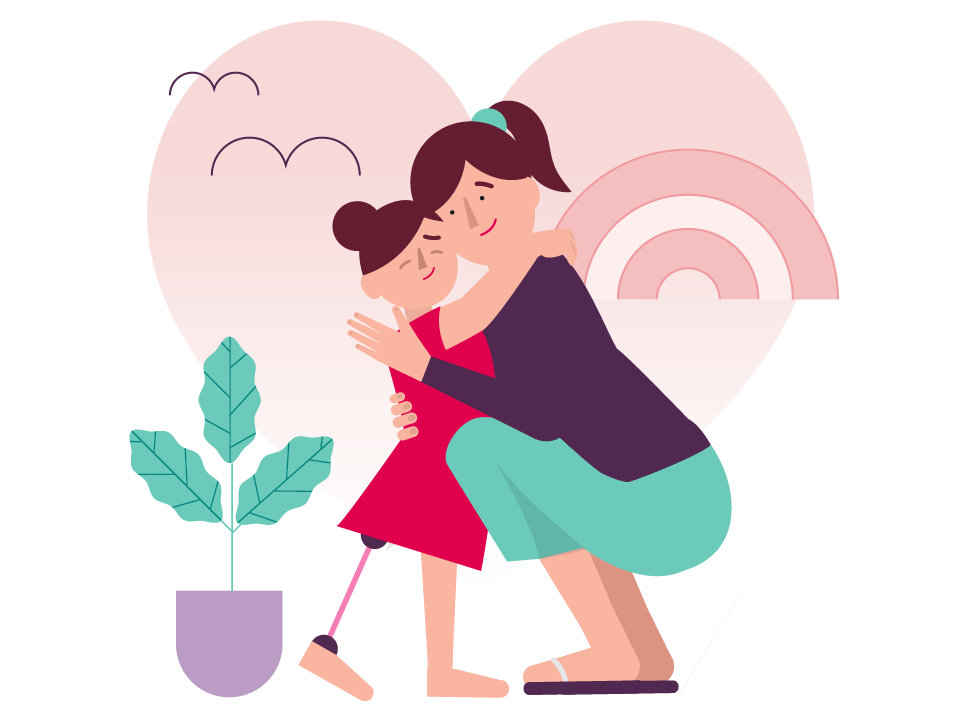 Illustration of a woman hugging child with prosthetic leg.