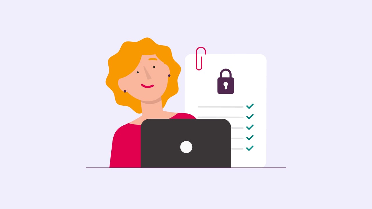 An illustration of a person sitting in front of a laptop and with a checklist behind them on a purple background.