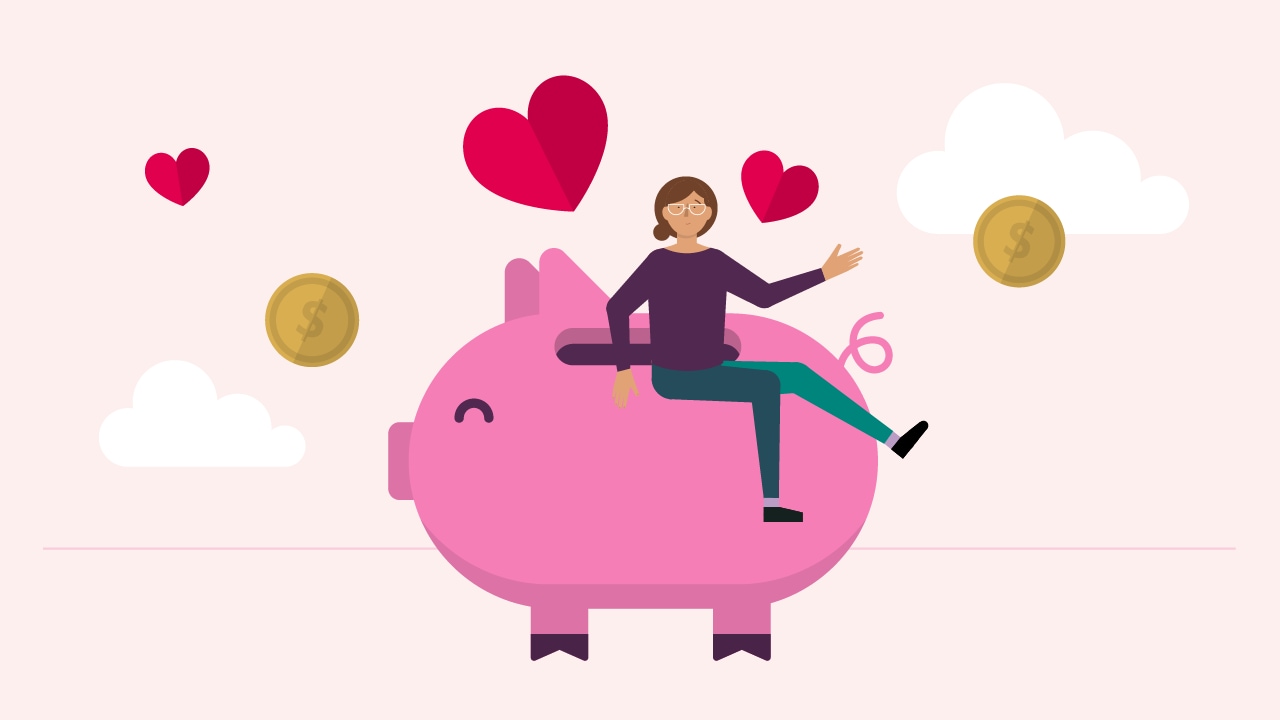 Illustration of woman sitting on a piggy bank with love hearts and mountains in the background.