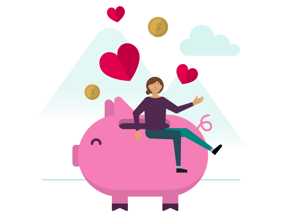 Illustration of woman sitting on a piggy bank with love hearts and mountains in the background.
