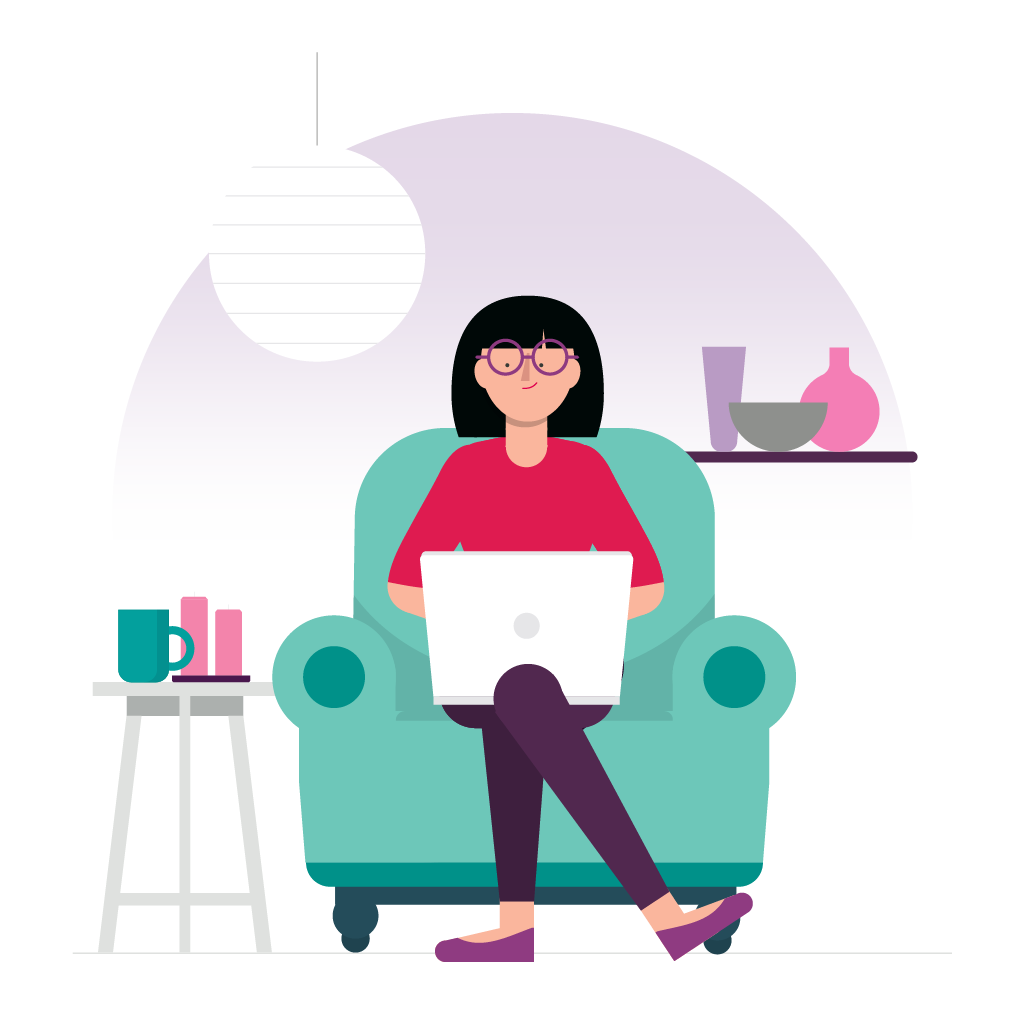 An illustration of a woman sitting on an armchair with a laptop on her lap.