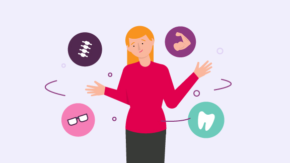 A illustration of a woman with healthcare spinning icons around her, each one representing a health insurance extra.