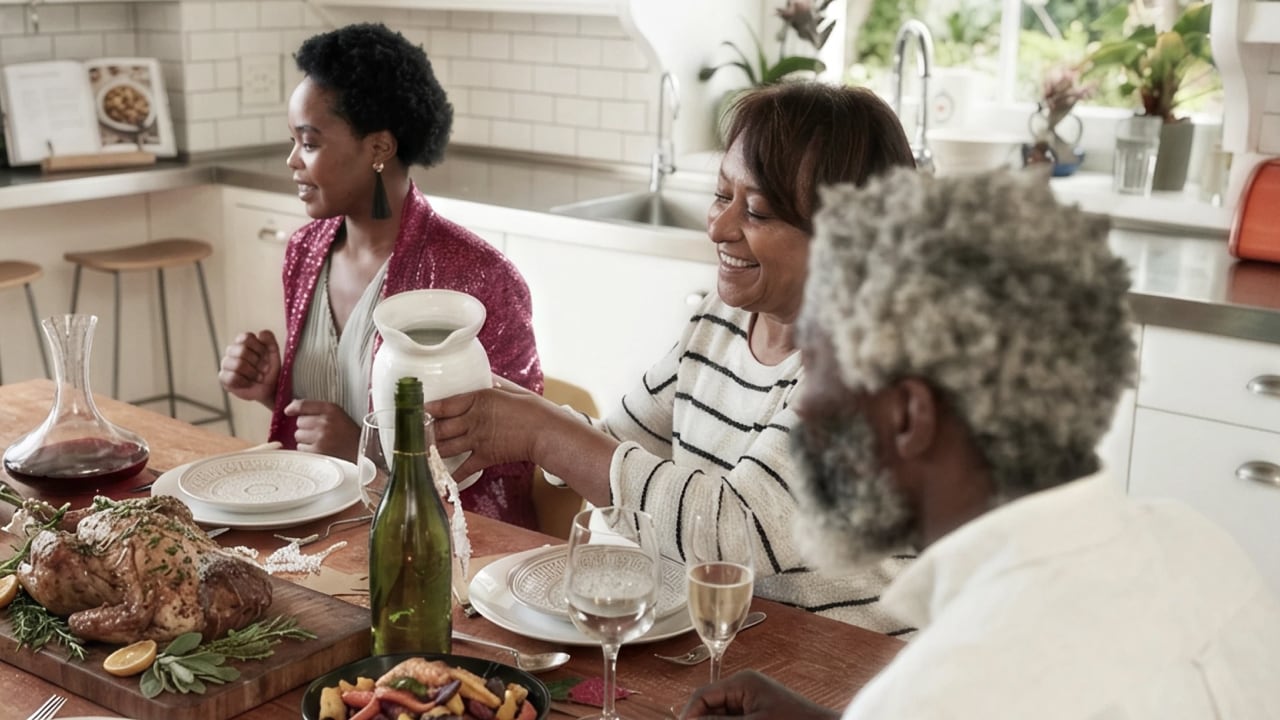 Older family sitting around the dining table enjoying a meal.